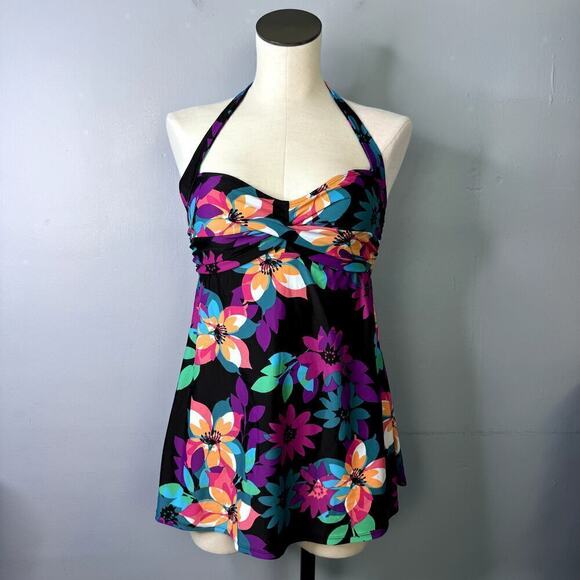Tropical Escape Floral One Piece Halter Twist Swim Dress Black Multi Womens Sz 6 - Picture 1 of 12